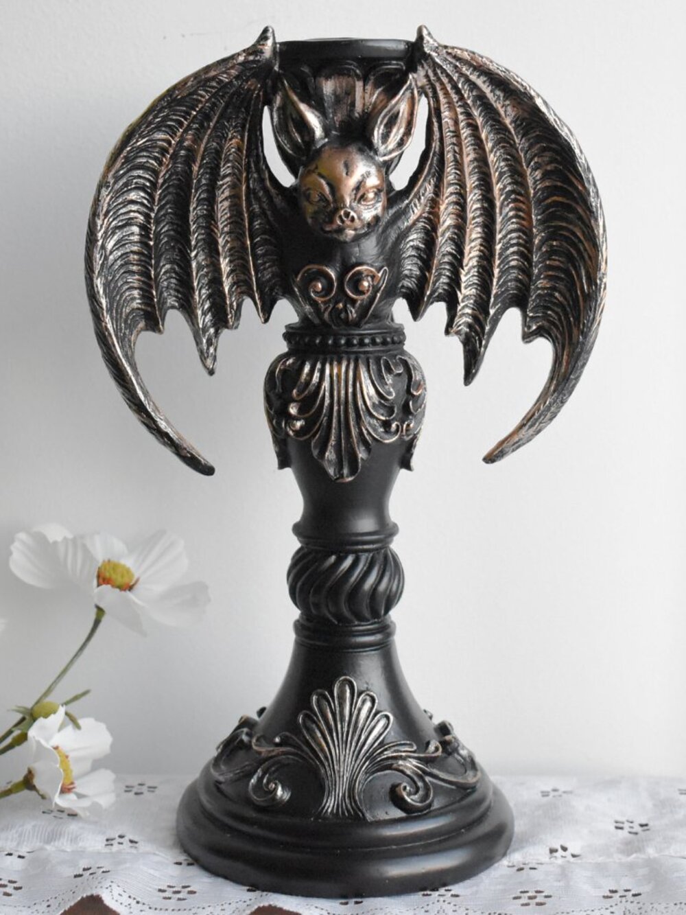 Ornate Black Gold Gothic Glam Vampire Bat Taper Candle Holder Halloween Decor
